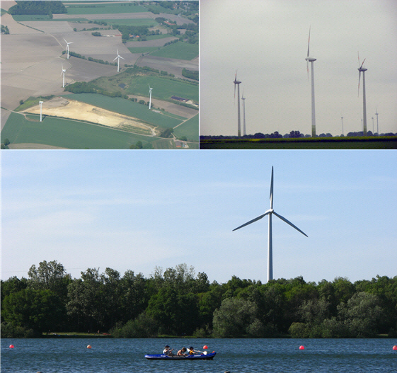 a triptych of wind turbine images