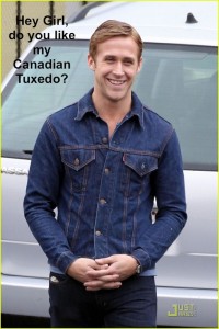 **EXCLUSIVE** Ryan Gosling, wearing a denim jacket and skinny jeans, hangs out on the set of his upcoming movie "Drive"