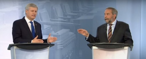Stephen Harper and Thomas Mulcair in a heated exchange during the French language debate (Radio-Canada/YouTube)