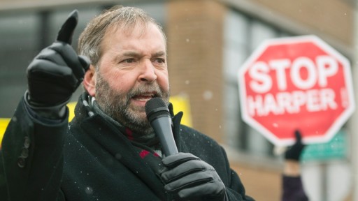 One of his better moments: Tom Mulcair speaking out against Bill C-51 in the rain